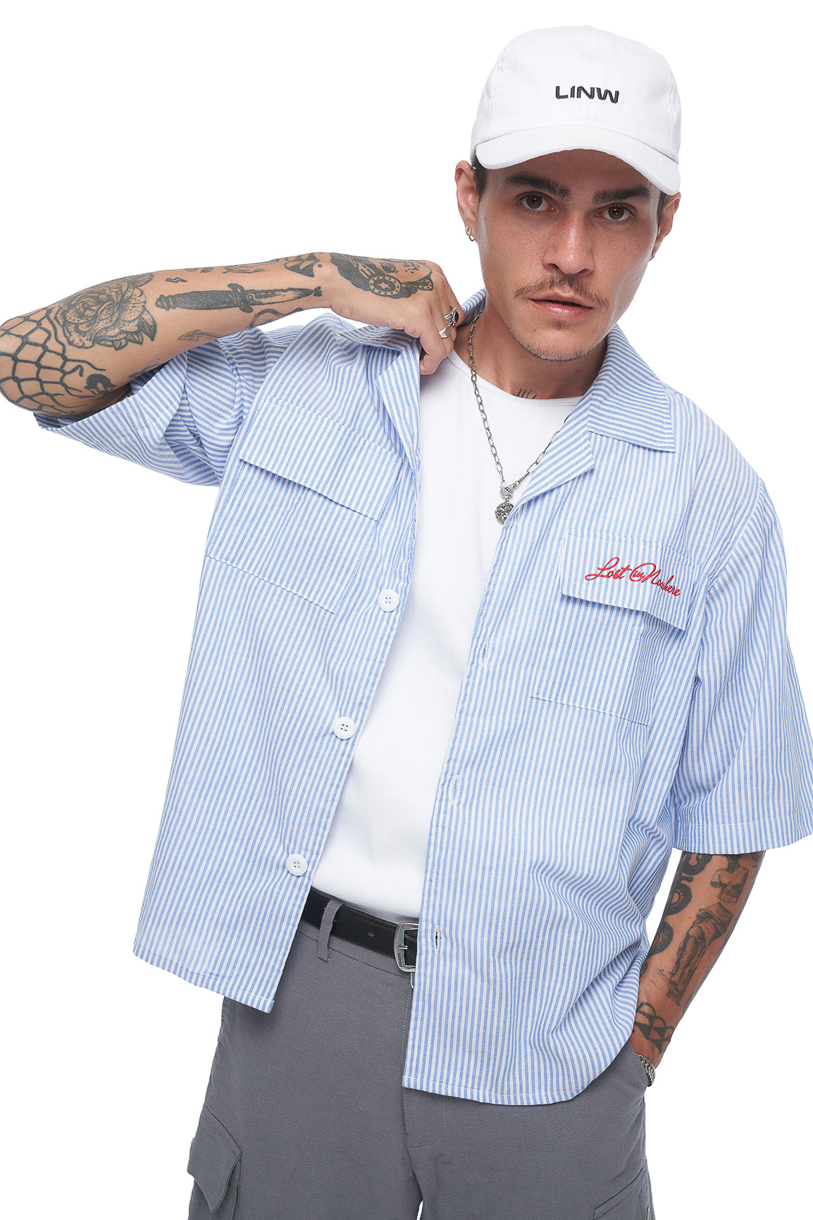 Lost In Nowhere Button Up Cropped Work Shirt-  Stripe Cropped Work Shirt-  Stripe