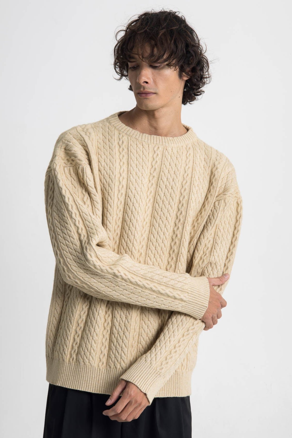 Lost In Nowhere Knit Shirt Cable Knit Sweater - Beige Cable Knit Sweater - Beige