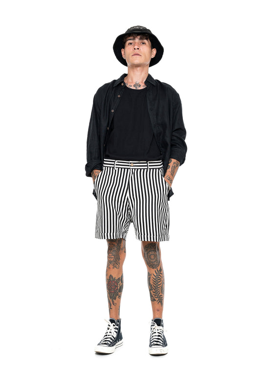 Load image into Gallery viewer, Waihi Linen Short - Black Stripe
